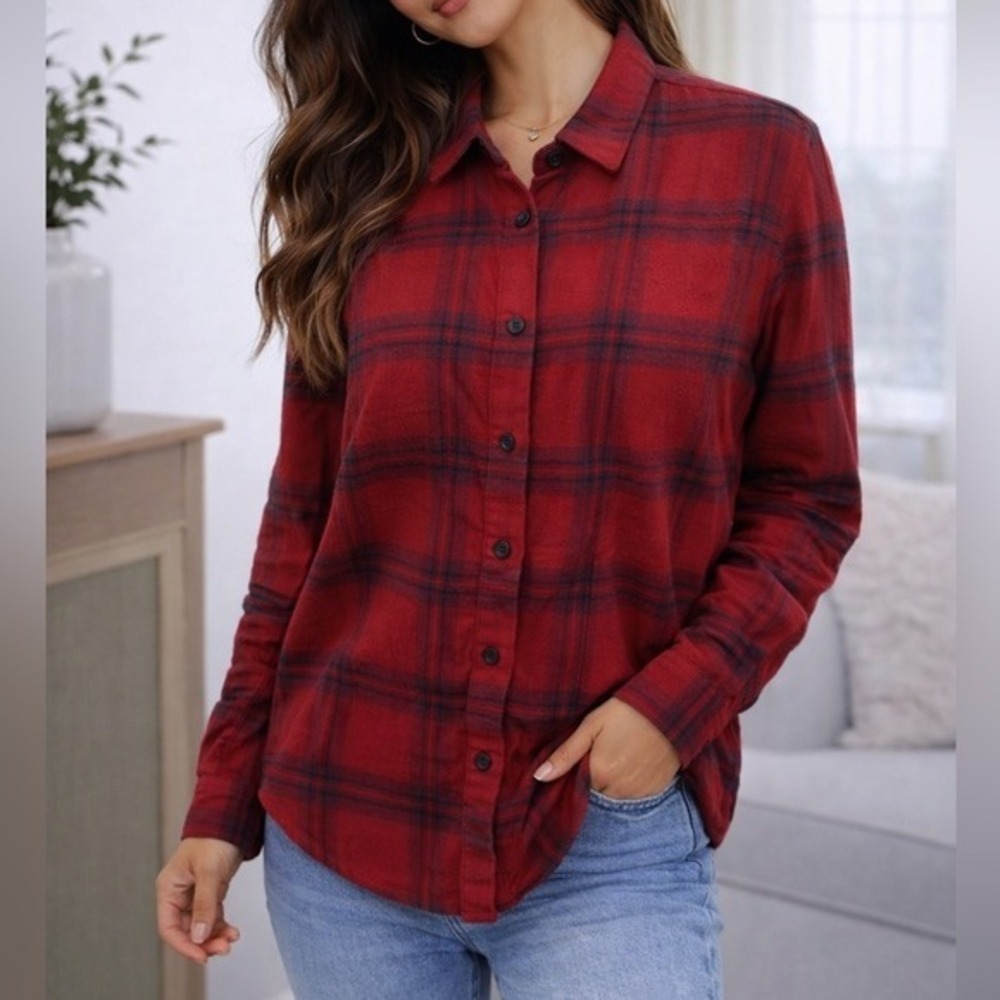 Madewell Red Plaid Flannel Button Down Shirt Cotton Long‎ Sleeve Size L